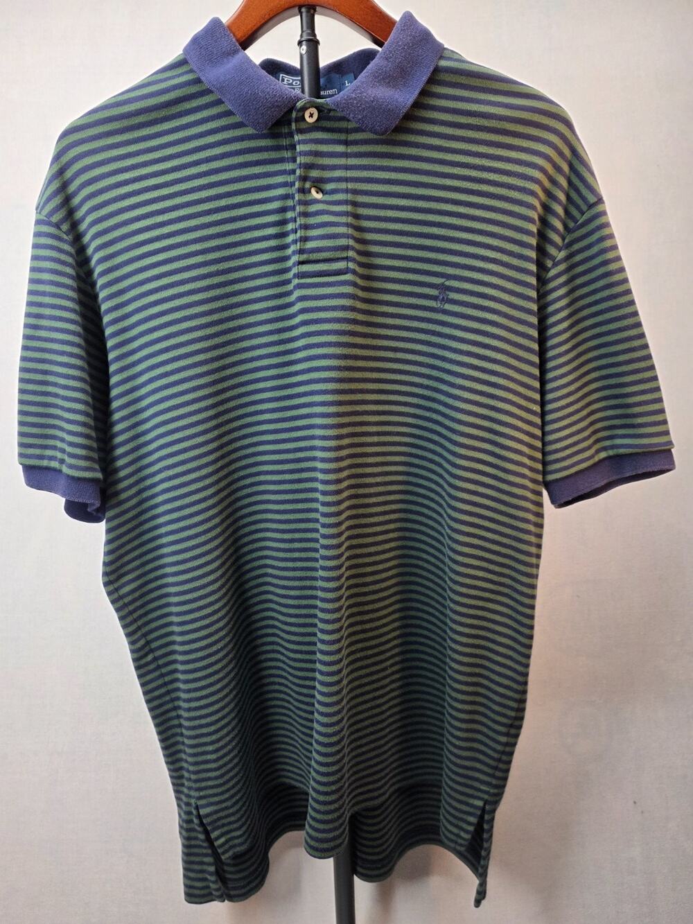 Vintage 90s Polo Ralph Lauren Striped Polo Shirt Navy Green L Blue Label Gorpcor
